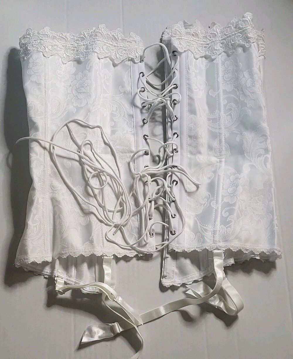 Frederick's of Hollywood White Floral Lace-Up Strapless Corset Size 32 Vintage